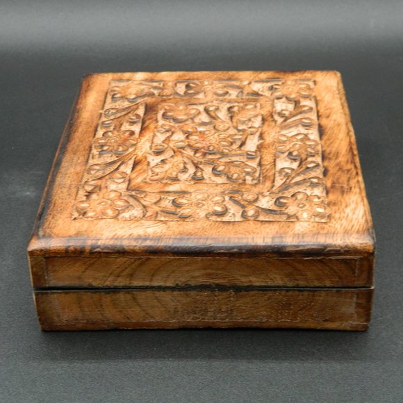 Carved Wood Box with Black Velveteen Lining - Picture 3 of 7